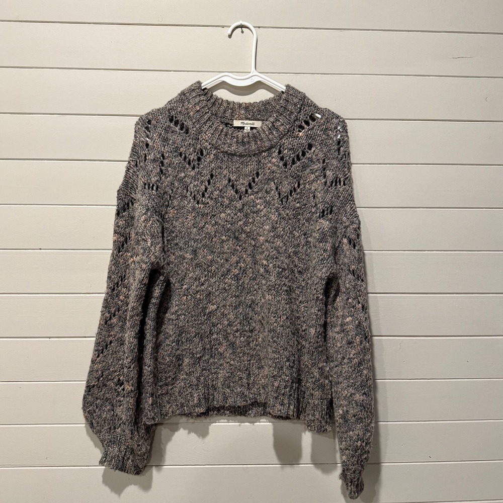 Madewell Pointelle Balloon Sleeve Wool Blend Marled Chunky Knit Sweater Gray M